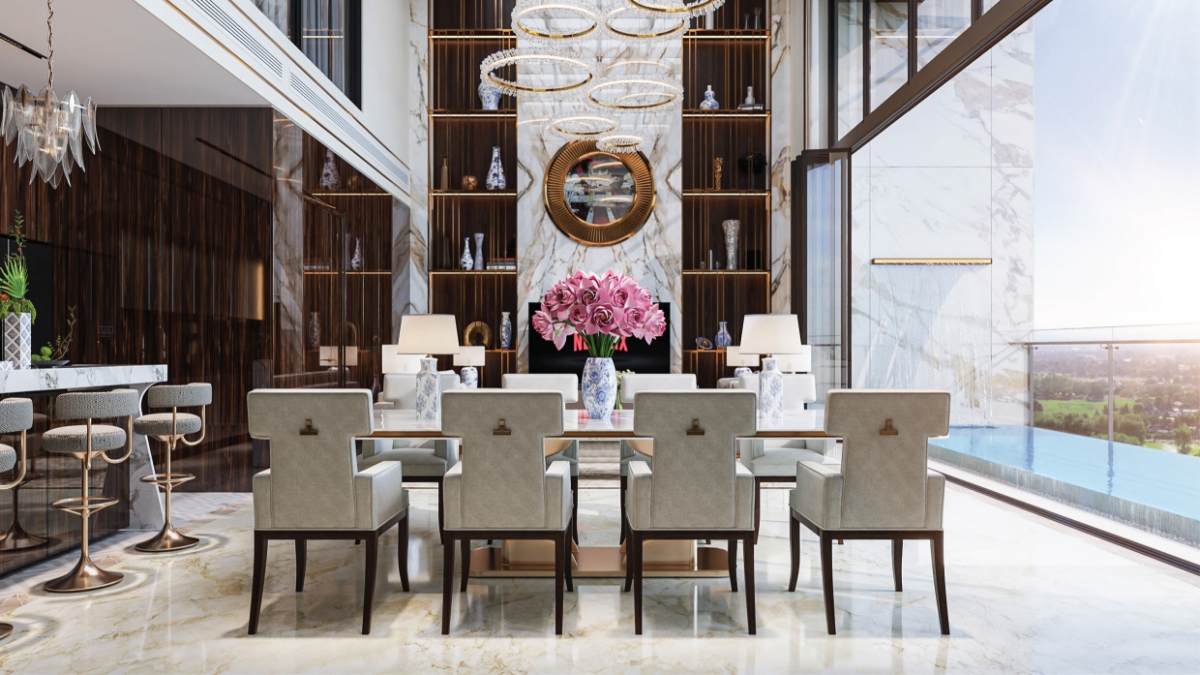 Toàn bộ không gian được hoàn thiện dưới hệ chiếu sáng âm trần với chỉ số hoàn màu cao (CRI ≥ 95), giúp tái hiện trung thực sắc độ của vật liệu, đồng thời tạo chiều sâu ánh sáng tương tự các không gian khách sạn cao cấp.